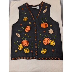 Vintage Basic Editions Sweater Vest 1X Black Halloween Pumpkin Fall Teacher 90s